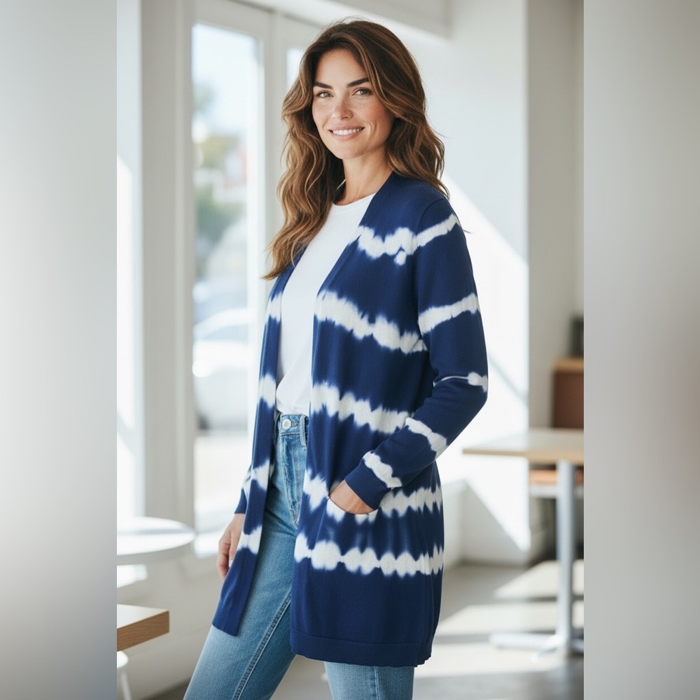 Carre Noir Navy White Stripe Cardigan Size‎ Medium Open Front Coastal Chic EUC